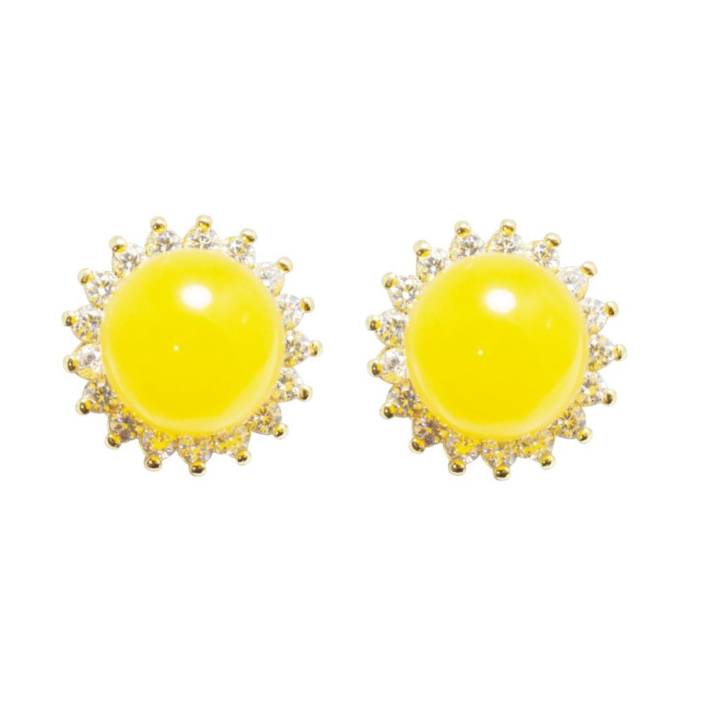 V3 Jewelry Gold Plated Halo Amber Stud Earrings  With Cubic Zirconia